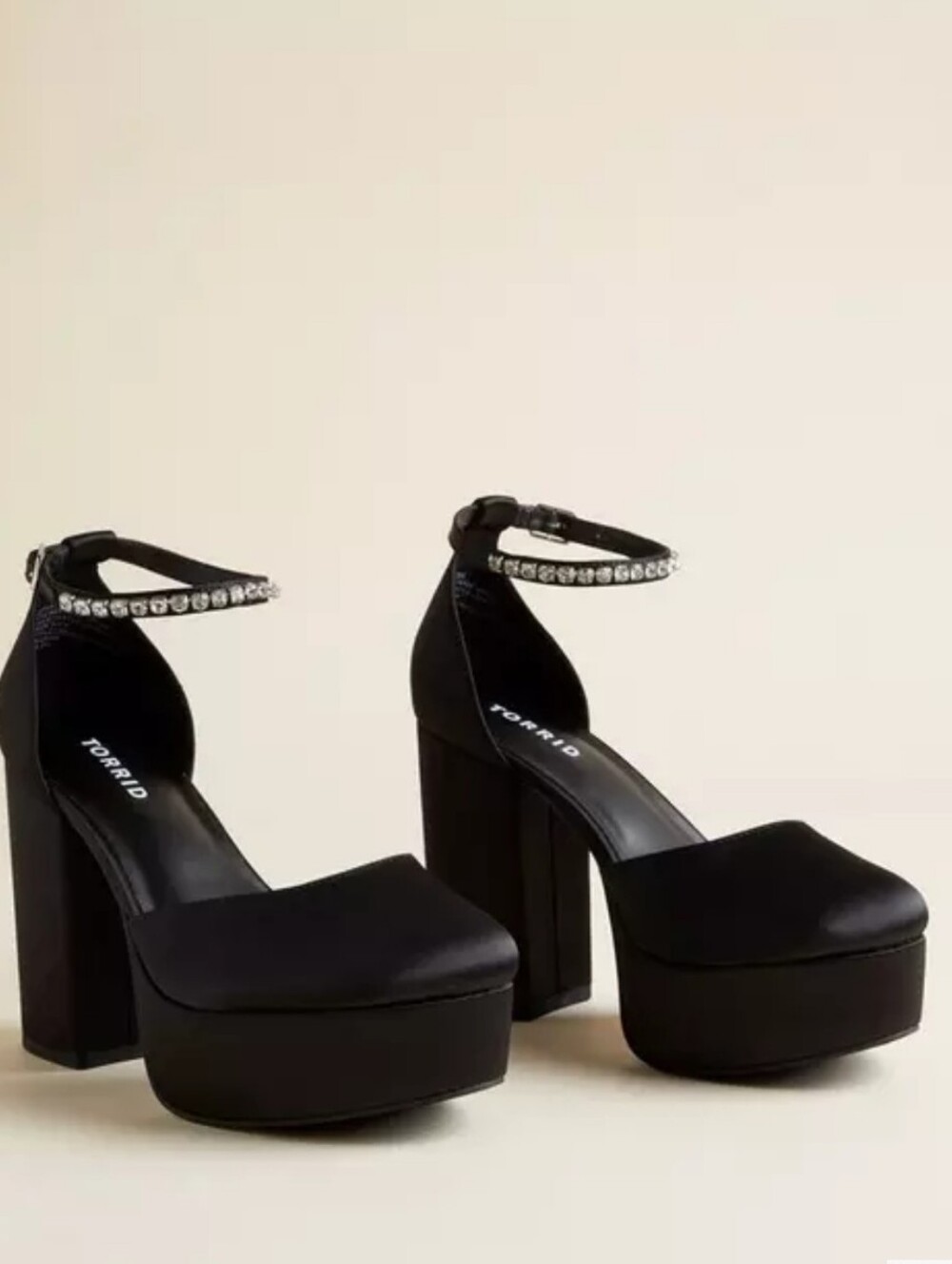 torrid Black Satin Platform Block Heels with Rhinestone Detail Strap